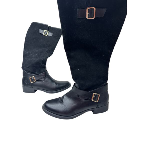 Black Size 9.5 Black Raelynn Faux Suede Buckled Block Heel Knee High Fall Boot - Picture 3 of 14